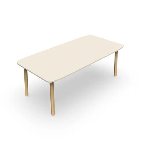Bureau Karl rectangulaire L. 200 cm x P. 100 cm plateau nu mélamine lin pietement bois hêtre massif vernis/ métal lisse blanc nacré