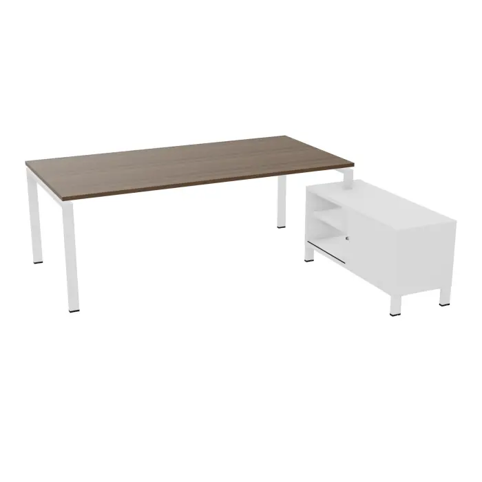Bureau Rio avec meuble retour porteur à droite simple accès L. 218 cm x P. 188 cm mélamine blanc neige plateau L. 200 cm x P. 100 cm percé pour obturateur mélamine noyer brun piètement arche métal lisse blanc