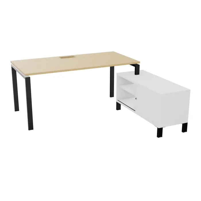 Bureau Rio avec meuble retour porteur à droite simple accès L. 178 cm x P. 168 cm mélamine blanc neige plateau L. 160 cm x P. 80 cm percé pour trappe frontale mélamine Chêne naturel piètement arche métal lisse