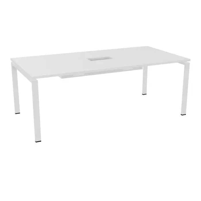 Table de réunion Rop L. 200 cm x P. 100 cm mélamine blanc neige percé pour trappe centrale double accès + goulotte piètements métal lisse blanc