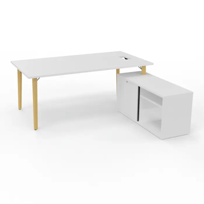 Robin bureau avec retour rangement porteur L. 120 cm x l. 56 cm x P. 43,2xm mélamine blanc neige plateau L. 180 cm x P. 100 percé pour trappe mélamine blanc neige pieds métal lisse noir