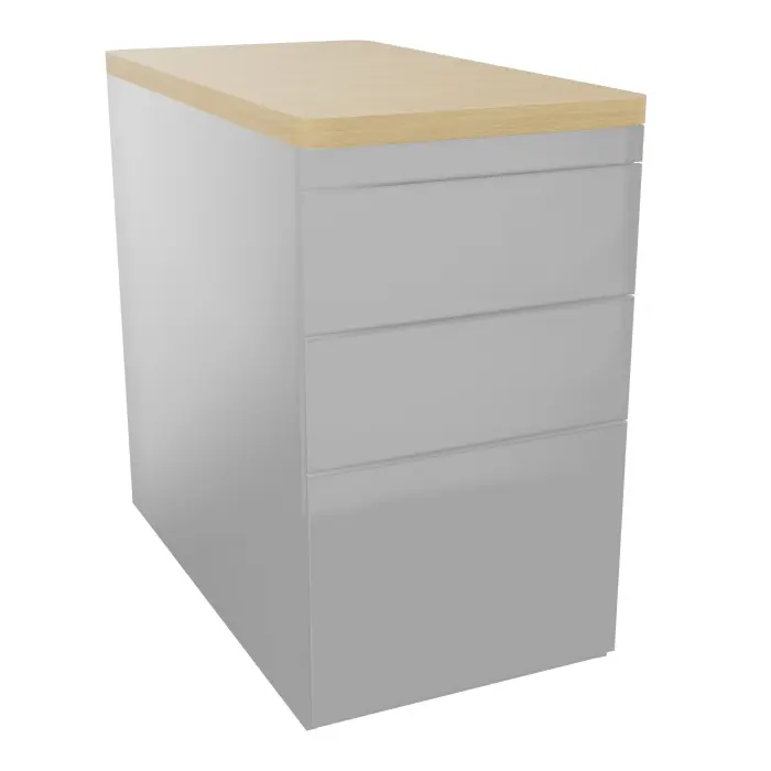Caisson métallique métal gris aluminium hauteur bureau 3 tiroirs 4Line L. 42,8 x P. 80 x H. 74 cm top Chêne naturel