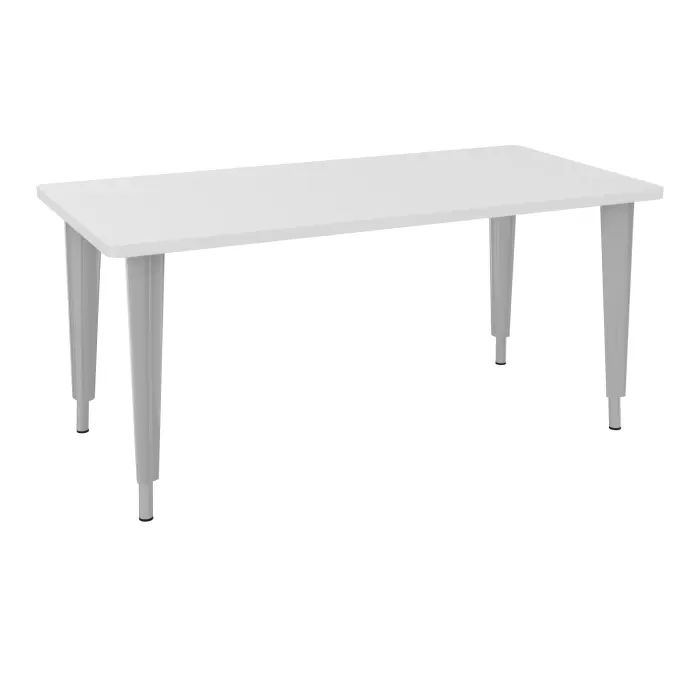 Table de bureau rectangulaire L160xP80 bords arrondis pré percés pour 2 obturateurs mélamine blanc neige élement départ sur piètement réglable en hauteur éléctrifiable métal lisse gris aluminium + goulotte stru