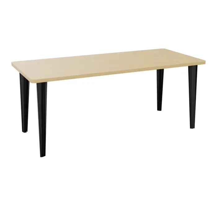 Table de bureau rectangulaire L180xP80 bords arrondis pré percés pour 2 obturateurs Chêne naturel élement départ sur piètement fixe éléctrifiable métal lisse noir + goulotte structurelle