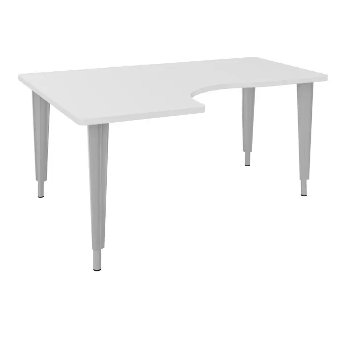 Table de bureau compact asymétriques 90° L160xP120 RT60 pré percés pour 2 obturateurs décor mélamine blanc neige - élément départ retour à gauche sur piètement réglable en hauteur éléctrifiable métal lisse gris