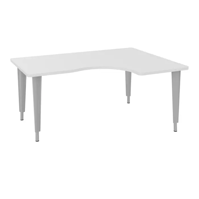 Table de bureau compact asymétriques 90° L160xP120 RT60 pré percés pour 2 obturateurs décor mélamine blanc neige - élément départ retour à droite sur piètement réglable en hauteur éléctrifiable métal lisse gris