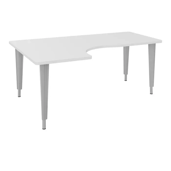Table de bureau compact asymétriques 90° L180xP120 RT60 pré percés pour 2 obturateurs décor mélamine blanc neige - élément départ retour à gauche sur piètement réglable en hauteur éléctrifiable métal lisse gris