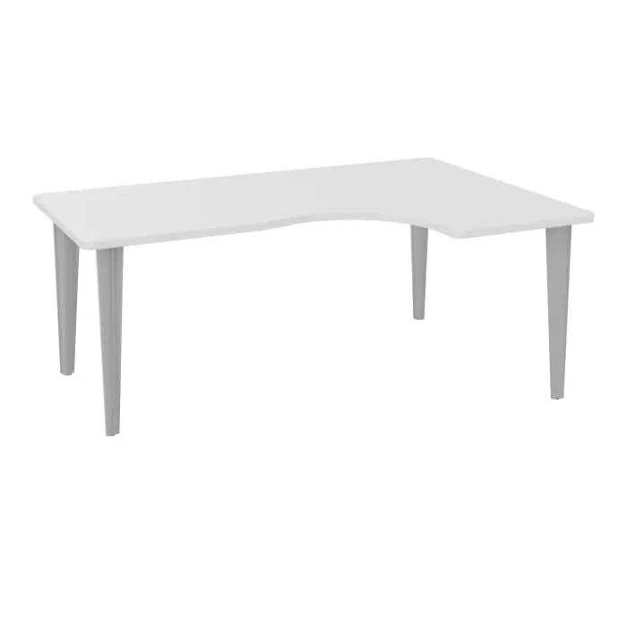 Table de bureau compact asymétriques 90° L180xP120 RT60 pré percés pour 2 obturateurs décor mélamine blanc neige - élément départ retour à droite sur piètement fixe éléctrifiable métal lisse gris aluminium