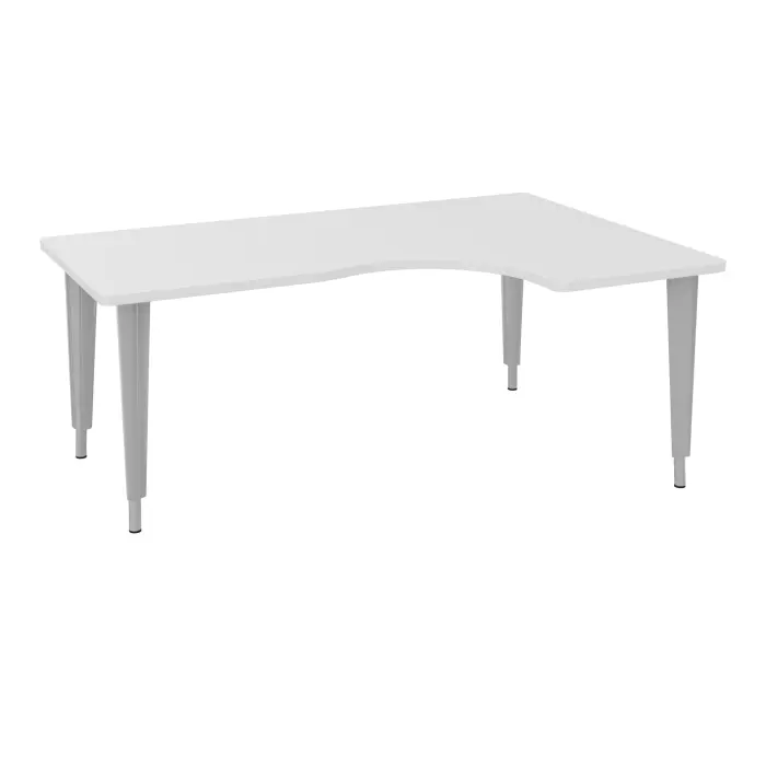 Table de bureau compact asymétriques 90° L180xP120 RT60 pré percés pour 2 obturateurs décor mélamine blanc neige - élément départ retour à droite sur piètement réglable en hauteur éléctrifiable métal lisse gris