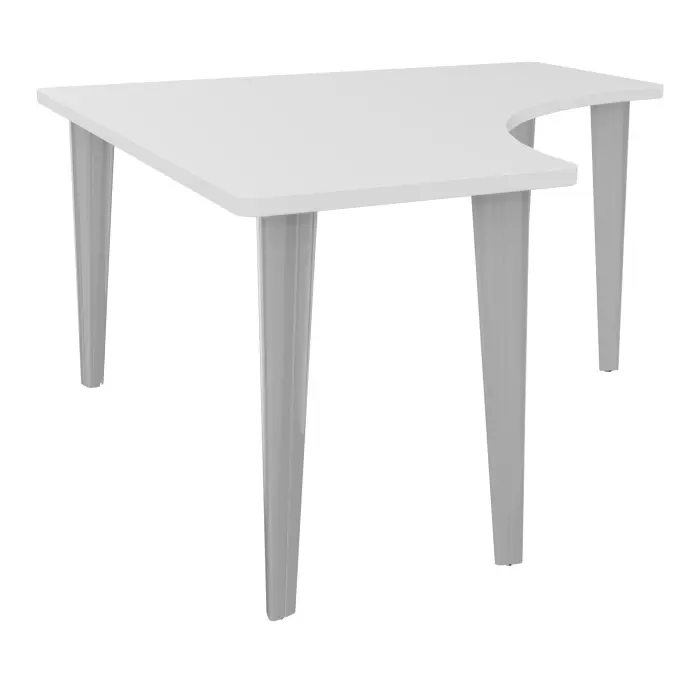 Table de bureau compact symétriques 90° L140 RT60 pré percés pour 4 obturateurs décor mélamine blanc neige - élément départ sur piètement fixe éléctrifiable métal lisse gris aluminium