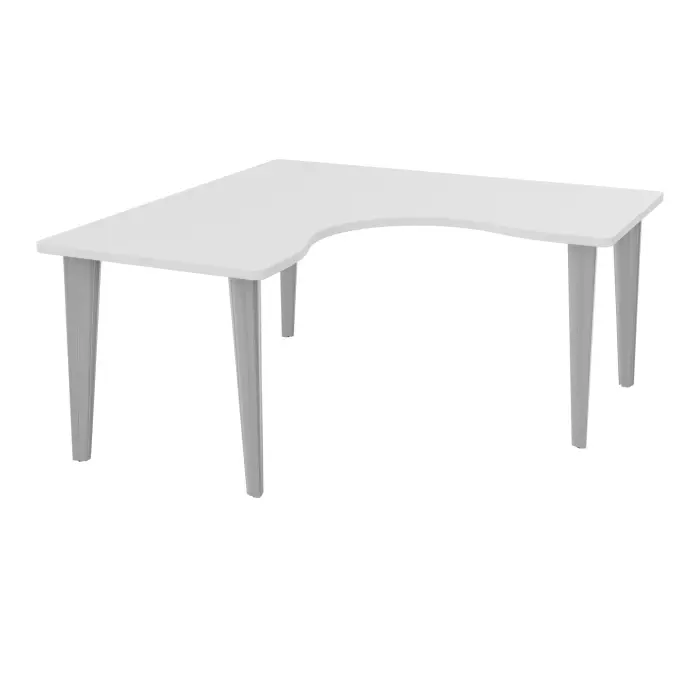 Table de bureau compact symétriques 90° L160 RT80 pré percés pour 4 obturateurs mélamine blanc neige - élément départ sur piètement fixe éléctrifiable métal lisse gris aluminium + goulotte structurelle