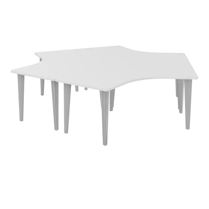 Table de bureau compact symétriques 120° L288xP249 RT160 pré percés pour 4 obturateurs décor mélamine blanc neige sur piètement fixe métal lisse gris aluminium - pôle de 3