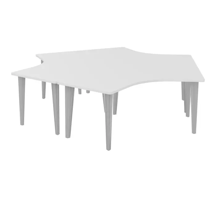Table de bureau compact symétriques 120° L288xP249 RT160 pré percés pour 4 obturateurs décor mélamine blanc neige sur piètement fixe éléctrifiable métal lisse gris aluminium - pôle de 3