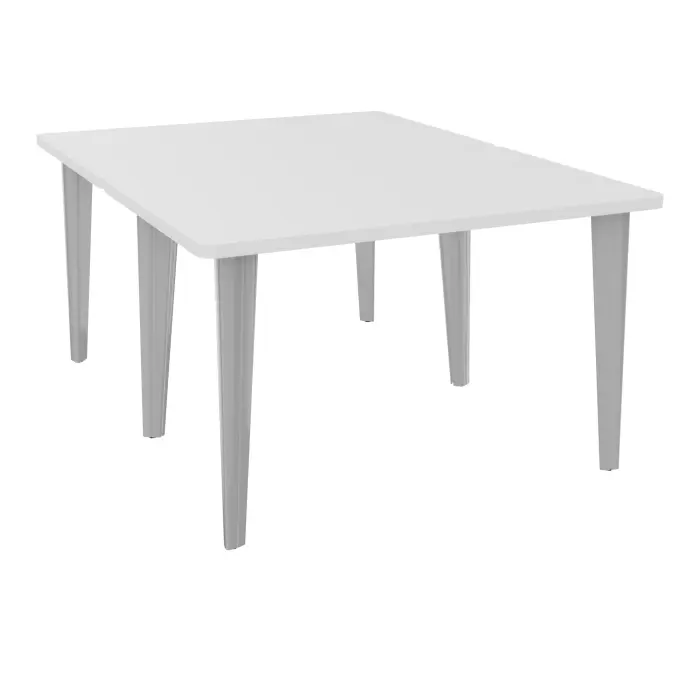 Table de 2 bureaux rectangulaires L120xP160 pré percés pour 2 obturateurs décor mélamine blanc neige sur piètement fixe dont 2 éléctrifiables métal lisse gris aluminium