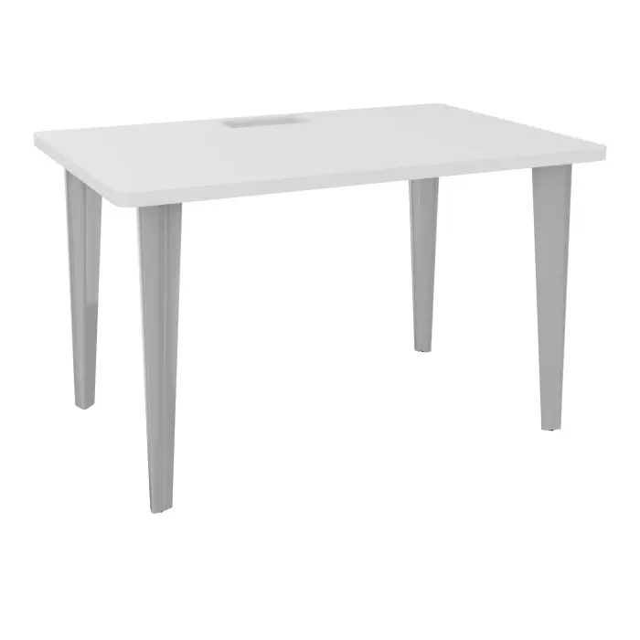 Table de bureau rectangulaire L120xP80 bords arrondis percés pour trappe décor mélamine blanc neige élement départ sur piètement fixe éléctrifiable métal lisse gris aluminium