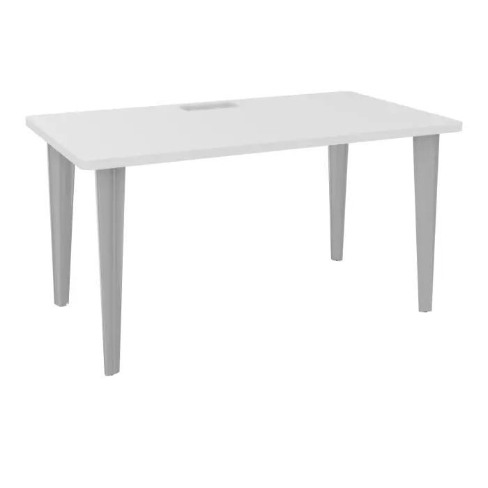 Table de bureau rectangulaire L140xP80 bords arrondis percés pour trappe décor mélamine blanc neige élement départ sur piètement fixe éléctrifiable métal lisse gris aluminium