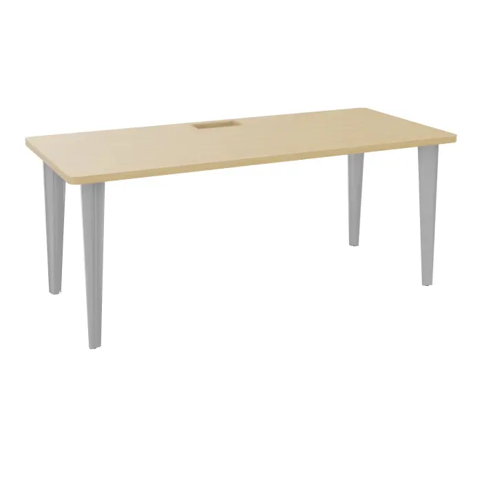 Table de bureau rectangulaire L180xP80 bords arrondis percés pour trappe Chêne naturel élement départ sur piètement fixe éléctrifiable métal lisse gris aluminium