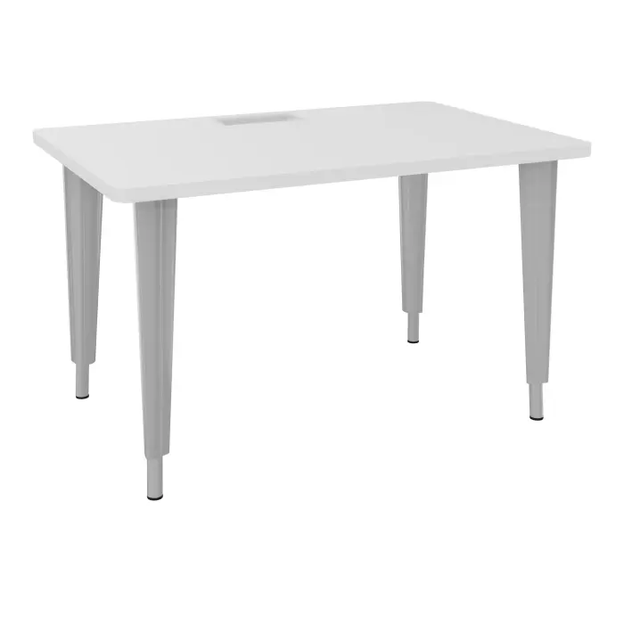 Table de bureau rectangulaire L120xP80 bords arrondis percés pour trappe décor mélamine blanc neige élement départ sur piètement réglable en hauteur éléctrifiable métal lisse gris aluminium