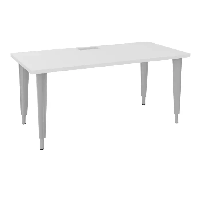 Table de bureau rectangulaire L160xP80 bords arrondis percés pour trappe décor mélamine blanc neige élement départ sur piètement réglable en hauteur éléctrifiable métal lisse gris aluminium