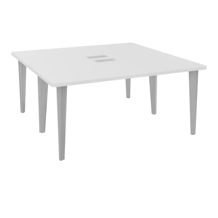 Table de 2 bureaux rectangulaires L160xP160 percés pour trappe décor mélamine blanc neige sur piètement fixe dont 2 éléctrifiables métal lisse gris aluminium + goulotte métallique