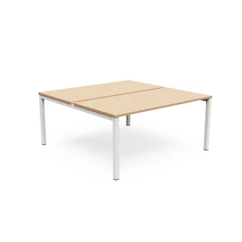 Bureau départ monoplateau Arial L.160 cm x P. 165 cm pré-percé obutrateur EP25mm mélamine Chêne naturel pied arche carré fixe métal lisse blanc