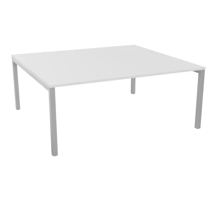 Bureau départ monoplateau Arial L.180 cm x P. 165 cm pré-percé obutrateur EP25mm mélamine blanc neige pied arche carré fixe métal lisse gris aluminium
