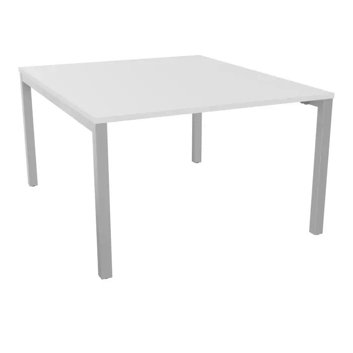 Bureau départ Arial L. 120 cm x P. 142 cm percé pour obturateur EP25mm mélamine blanc neige pied arche carré fixe métal lisse gris aluminium