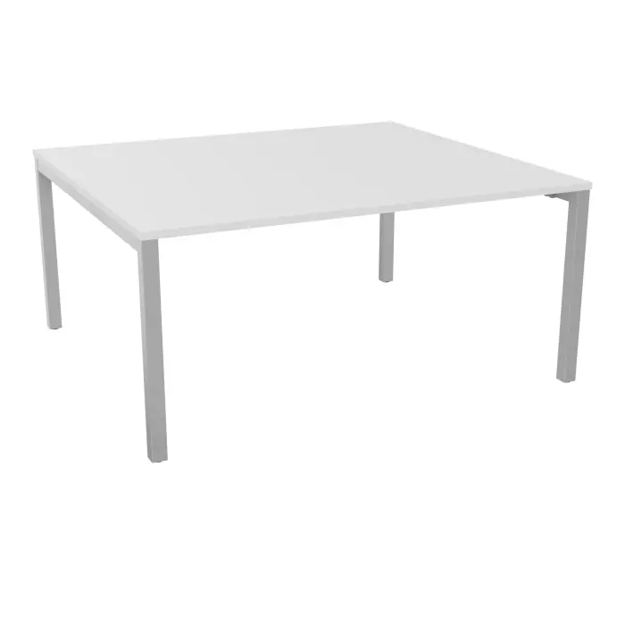 Bureau départ Arial L. 160 cm x P. 142 cm percé pour obturateur EP25mm mélamine blanc neige pied arche carré fixe métal lisse gris aluminium