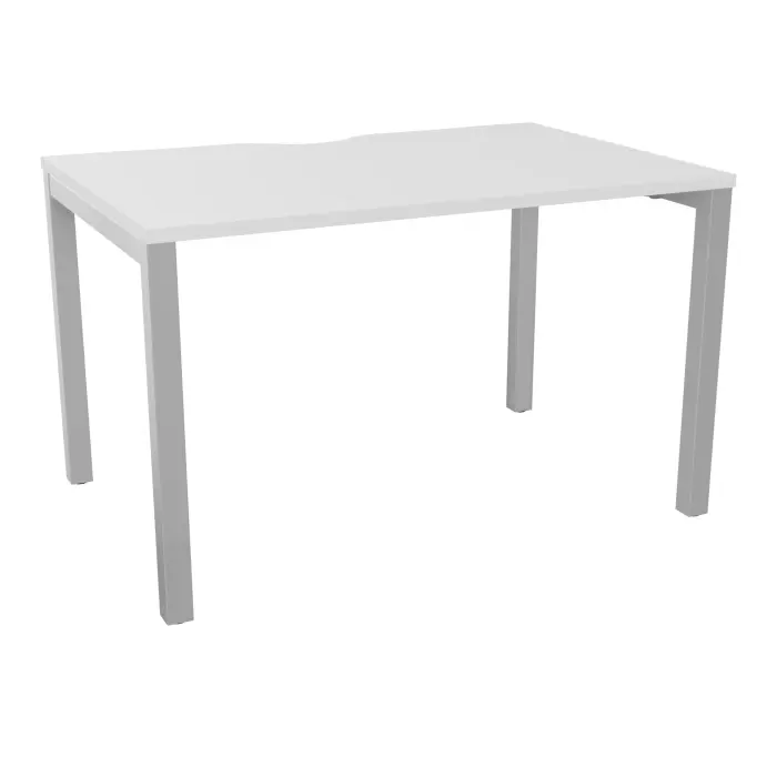 Bureau rectangulaire Arial L. 120 cm x P. 80 cm avec échancrure EP25mm mélamine blanc neige pied arche carré fixe métal lisse gris aluminium