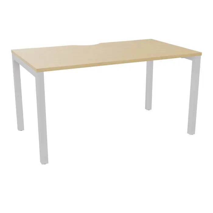 Bureau rectangulaire Arial L. 140 cm x P. 80 cm avec échancrure EP25mm mélamine Chêne naturel pied arche carré fixe métal lisse gris clair