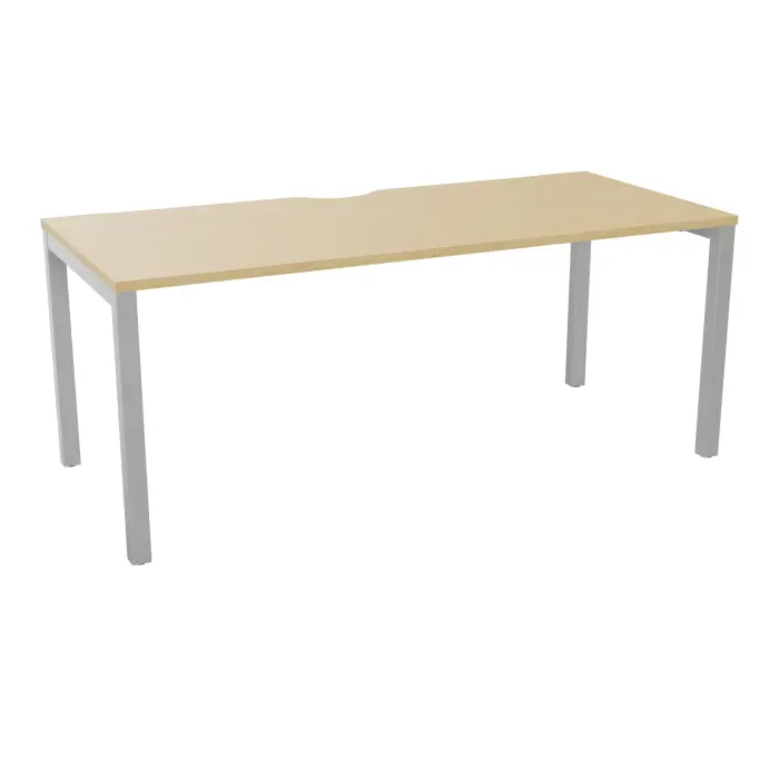 Bureau rectangulaire Arial L. 180 cm x P. 80 cm avec échancrure EP25mm mélamine Chêne naturel pied arche carré fixe métal lisse gris aluminium