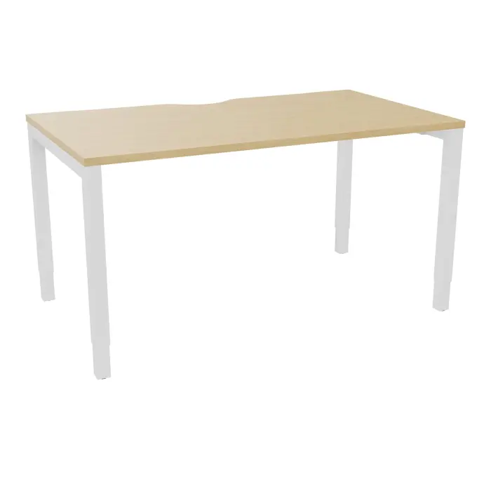 Bureau rectangulaire Arial L. 140 cm x P. 80 cm avec échancrure EP25mm mélamine Chêne naturel pied arche carré réglable en hauteur métal lisse blanc