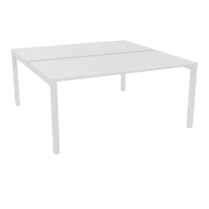 Bureau départ Arial bench L. 160 cm x P. 80 cm percé obturateur ép.25mm mélamine blanc neige pied arche carrée fixe métal lisse blanc