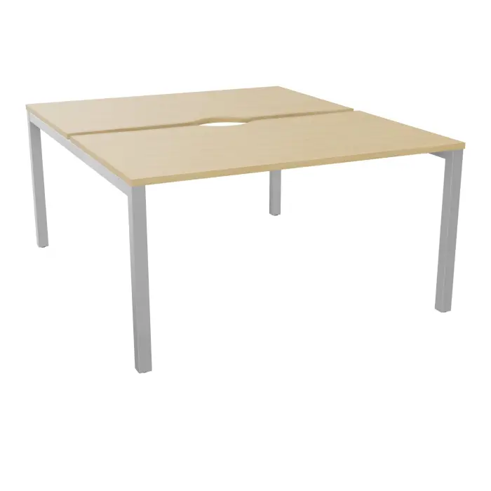Bureau départ Arial bench L. 140 cm x P. 80 cm avec échancrure ép.25mm mélamine Chêne naturel pied arche carrée fixe métal lisse gris aluminium
