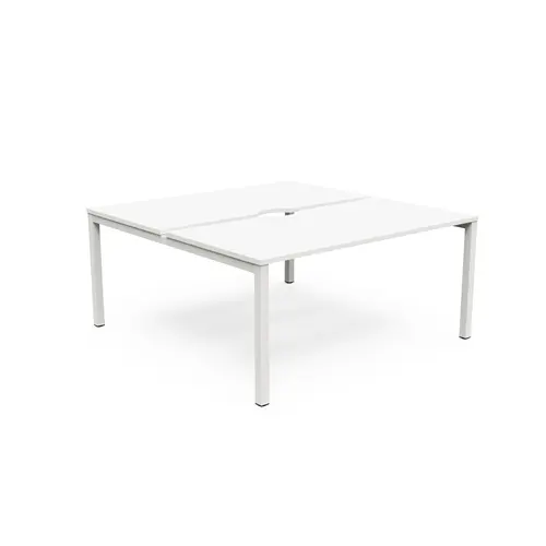 Bureau départ Arial bench L. 160 cm x P. 80 cm avec échancrure ép.25mm mélamine blanc neige pied arche carrée fixe métal lisse blanc