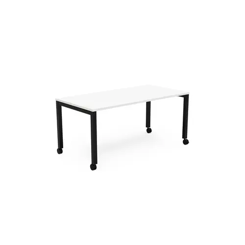 Table rectangulaire Arial L. 160 x P. 80 x H. 73,5 cm plateau mélamine blanc neige piètement arche carrée fixe métal lisse noir sur roulettes