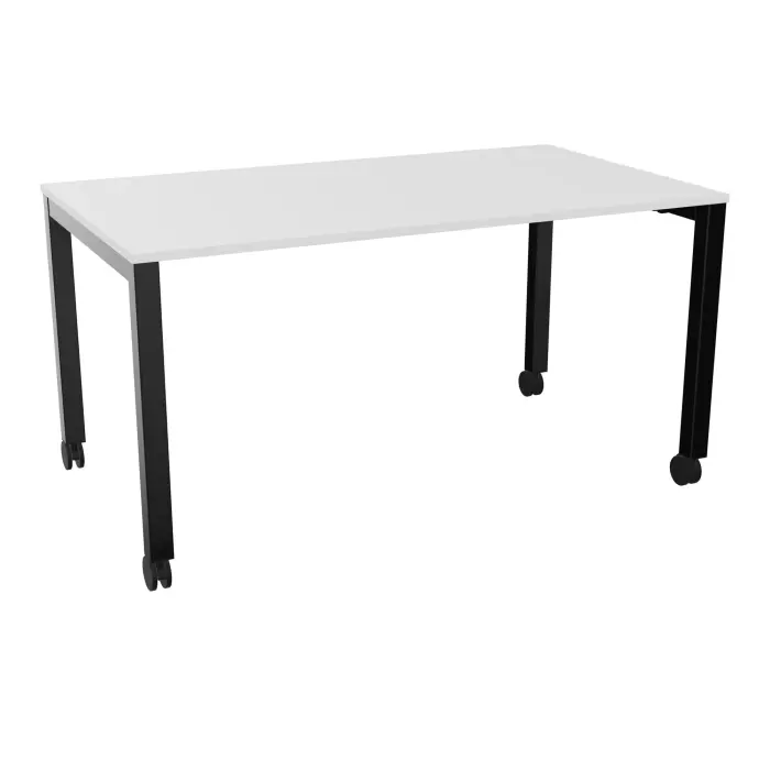 Table rectangulaire Arial L. 140 x P. 80 x H. 73,5 cm plateau nu ep. 19 mm mélamine blanc neige piètement arche carrée fixe métal lisse noir sur roulettes