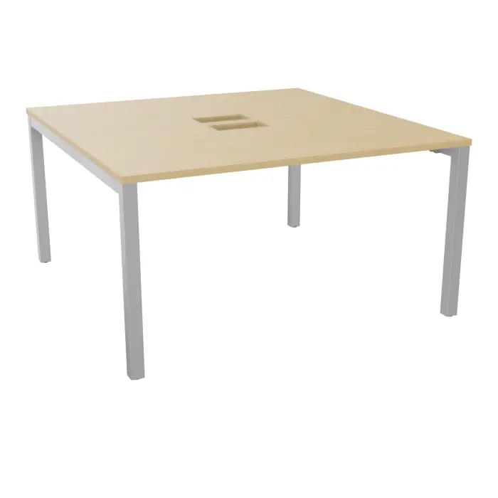 Table bench départ Arial L. 140 x P. 142 x H. 73,5 cm monoplateau découpé pour trappes mélamine Chêne naturel piètement arche carrée fixe métal lisse gris aluminium