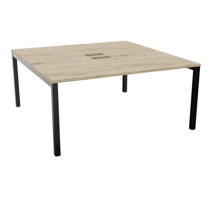 Table bench départ Arial L. 160 x P. 165 x H. 73,5 cm monoplateau découpé pour trappes mélamine chêne Brunswick piètement arche carrée fixe métal lisse noir