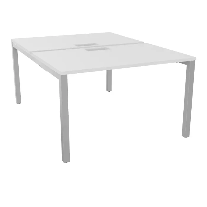 Table bench départ Arial  2 plateaux L. 120 x P. 80 x H. 73,5 cm découpés pour trappe mélamine blanc neige piètement arche carrée fixe métal lisse gris aluminium