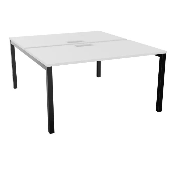 Table bench départ Arial 2 plateaux L. 140 x P. 80 x H. 73,5 cm découpés pour trappe mélamine blanc neige piètement arche carrée fixe métal lisse noir