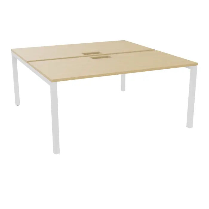 Table bench départ Arial 2 plateaux L. 160 x P. 80 x H. 73,5 cm découpés pour trappe mélamine Chêne naturel piètement arche carrée fixe métal lisse blanc