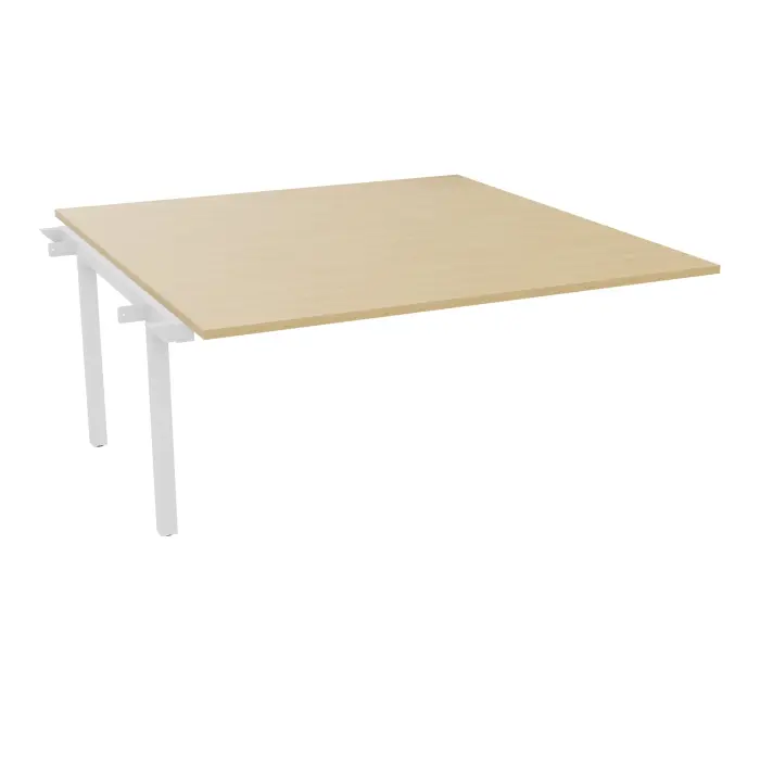 Bureau suivant monoplateau Arial L. 160 cm x P. 165 cm EP25 mélamine Chêne naturel pied intémerdiaire arche carré fixe métal lisse blanc