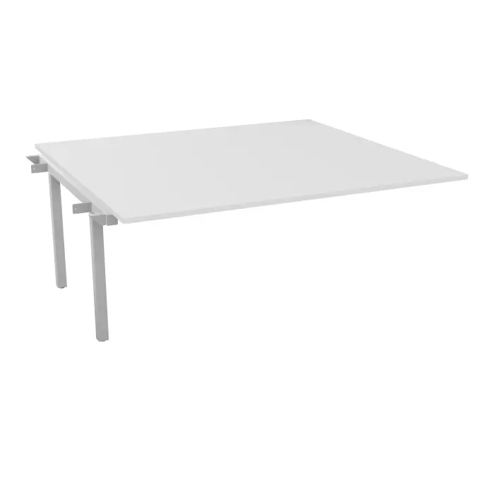 Bureau suivant monoplateau Arial L. 180 cm x P. 165 cm EP25 mélamine blanc neige pied intémerdiaire arche carré fixe métal lisse gris aluminium