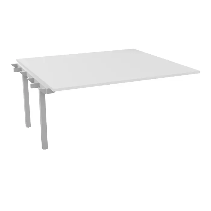 Bureau suivant Arial L. 160 cm x P. 142 cm percé pour obturateur EP25mm mélamine blanc neige pied intermédiaire fixe métal lisse gris aluminium