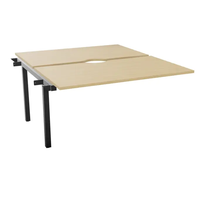 Bureau suivant Arial bench L. 140 cm x P. 80 cm avec échancrure ép.25mm mélamine Chêne naturel pied intermédiaire métal lisse noir