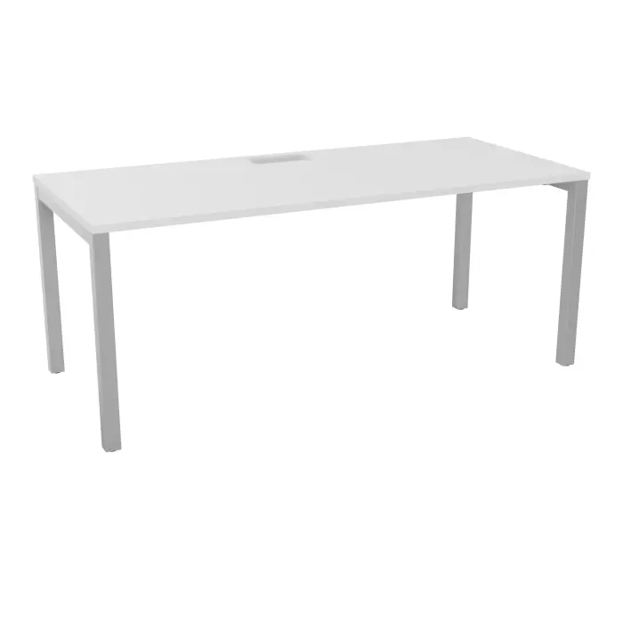 Table rectangulaire Arial L. 180 x P. 80 x H. 73,5 cm plateau découpé pour trappe mélamine blanc neige piètement arche carrée fixe métal lisse gris aluminium
