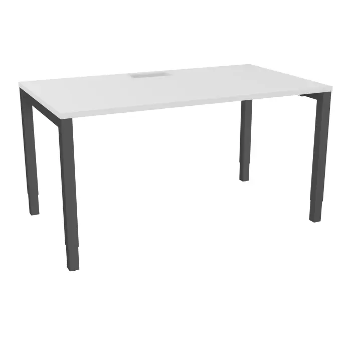 Table rectangulaire Arial L. 140 x P. 80 x H. 73,5 cm plateau découpé pour trappe mélamine blanc neige piètement arche carrée réglable en hauteur métal structuré gris anthracite