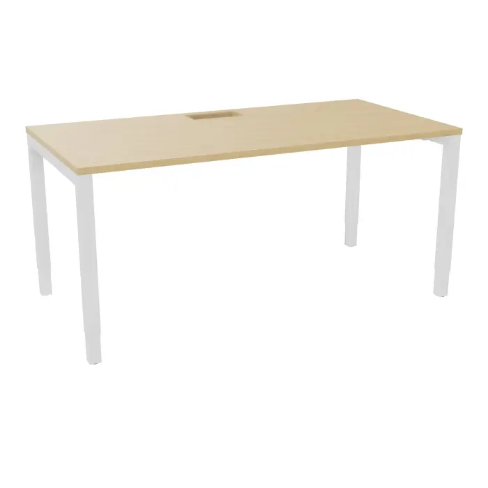 Table rectangulaire Arial L. 160 x P. 80 x H. 73,5 cm plateau découpé pour trappe mélamine Chêne naturel piètement arche carrée réglable en hauteur métal lisse blanc
