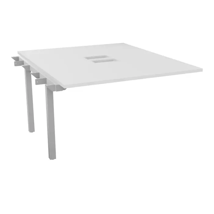 Table bench suivant Arial L. 120 x P. 142 x H. 73,5 cm monoplateau découpé pour trappes mélamine blanc neige piètement arche carrée fixe métal lisse gris aluminium